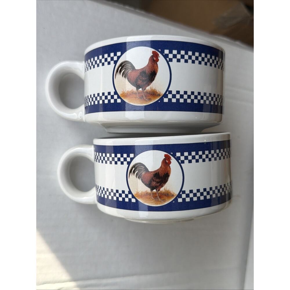 Set Of 2 Rooster Soup Mug Bowl Checkered Border Chicken Motif Soup Bowl For Gift